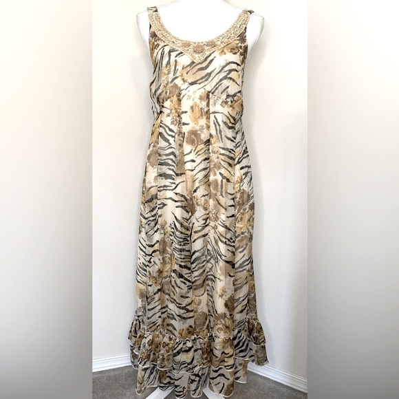 Vasna Desire Animal print Midi Chiffon Beaded Dress Women Medium Lined - Picture 1 of 7